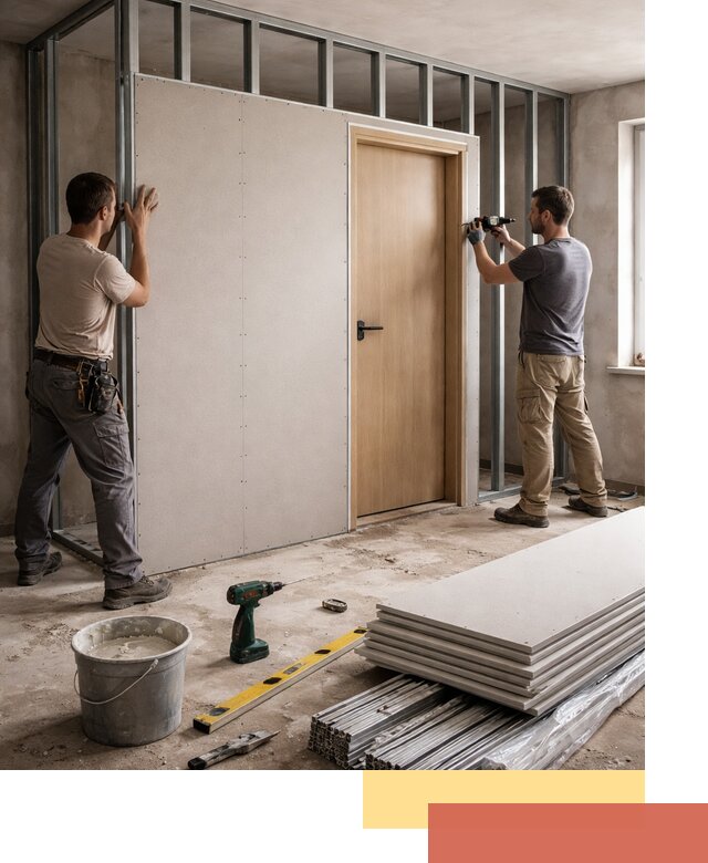 Перегородка из гипсокартона с дверью под ключ в Чите