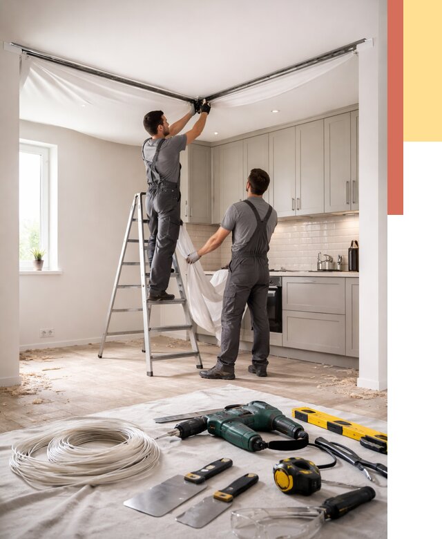 Установка натяжного потолка на кухне в Чите от 2484 руб. | ОТДЕЛОЧНИК-Чта