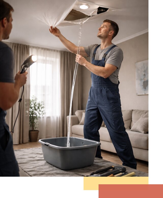 Слив воды с натяжного потолка в Чите быстро и аккуратно