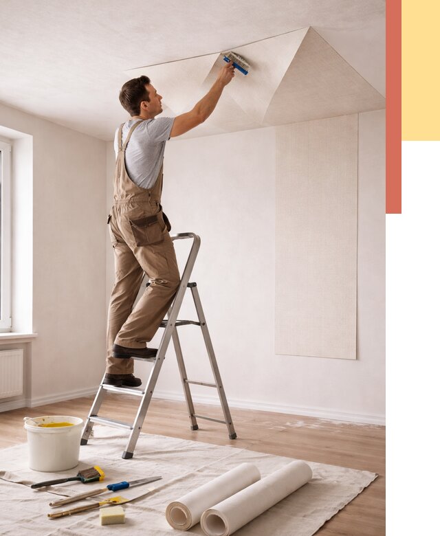 Поклейка обоев на потолок в Чите от 4658 руб. быстро и недорого | ОТДЕЛОЧНИК-Чта